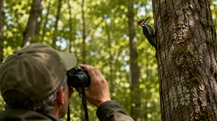 Illustration of binoculars used to spot a woodpecker on a tree trunk