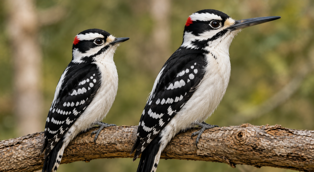 Illustration comparing the bill length of a Downy Woodpecker and a Hairy Woodpecker