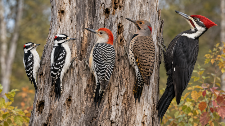Illustration comparing five common backyard woodpecker species by size and pattern
