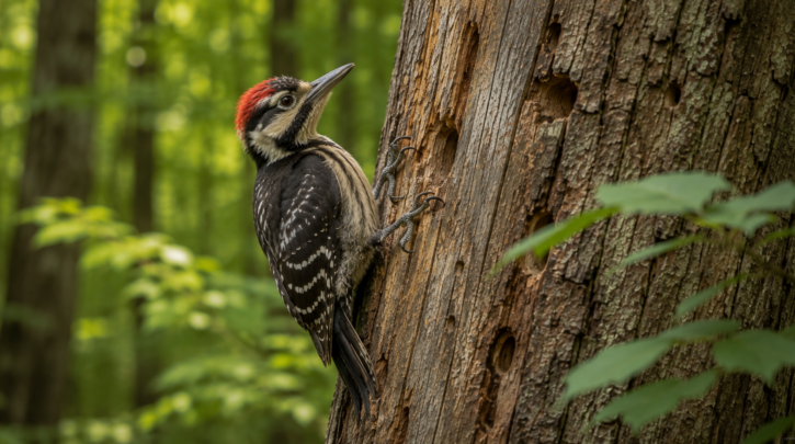 Illustration of a fledgling woodpecker clinging to a tree trunk