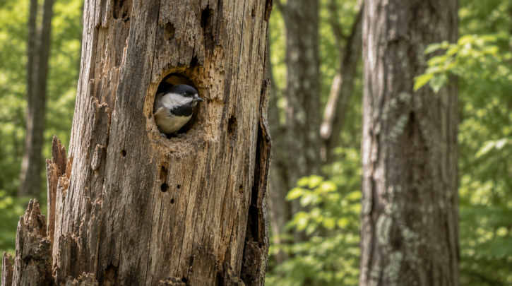 Illustration of a chickadee using an abandoned woodpecker cavity
