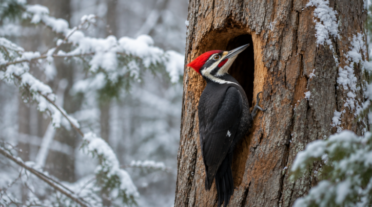 Illustration of a year-round resident woodpecker at its winter roost cavity