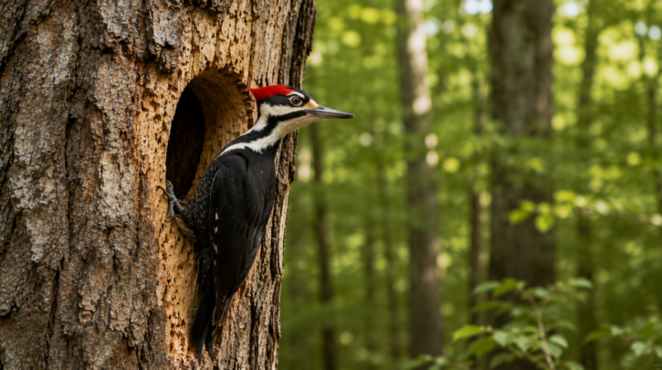 Illustration of a woodpecker at its protected cavity entrance