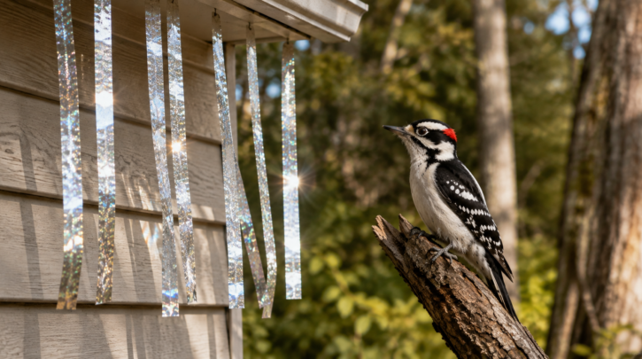 Illustration of reflective flash tape used as a humane woodpecker deterrent