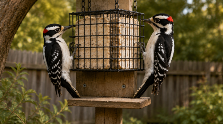 Illustration of two woodpeckers feeding at a double-sided tail-prop suet feeder