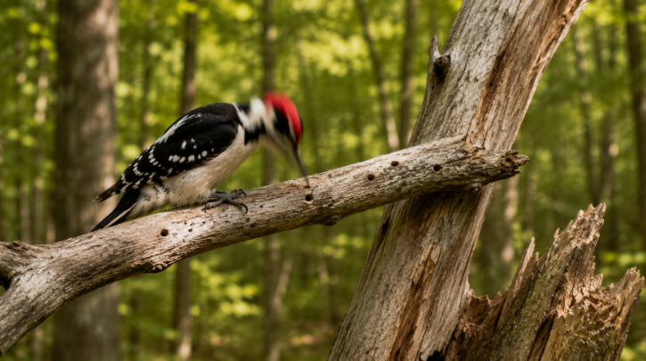 Illustration of a woodpecker drumming on a resonant branch
