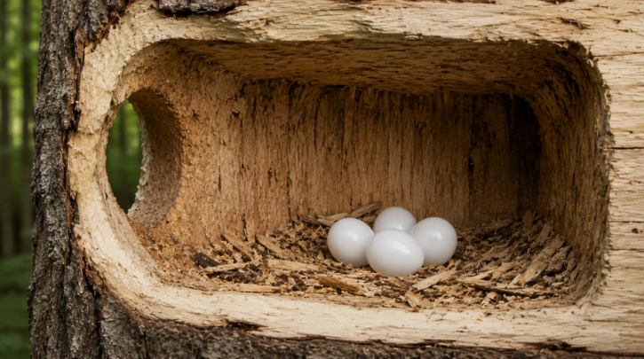 Illustration of plain white woodpecker eggs resting on wood chips inside a cavity