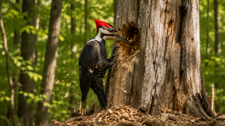 Illustration of a woodpecker excavating its own nest cavity