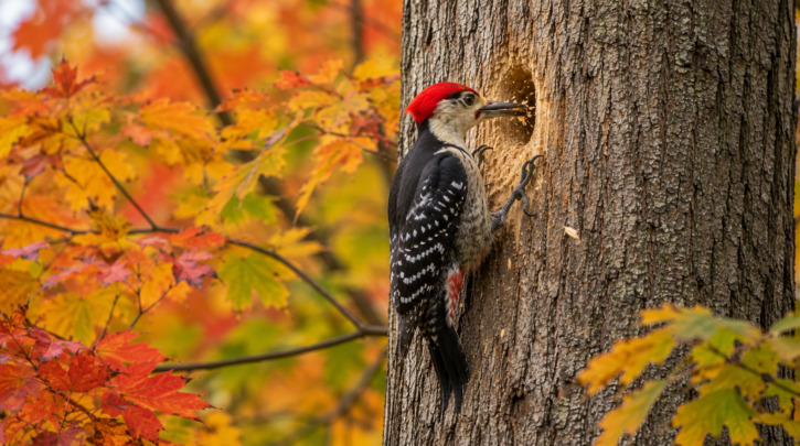 Illustration of a woodpecker excavating a winter roost cavity in fall