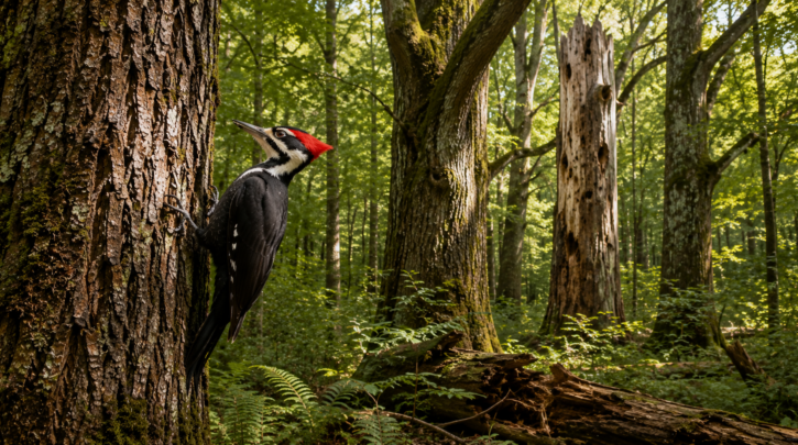 Illustration of a woodpecker in mature forest habitat with standing dead wood