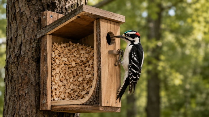 Illustration of a woodpecker nest box filled with wood chips for excavation