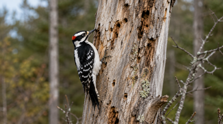 Illustration of a woodpecker foraging on a standing dead tree snag