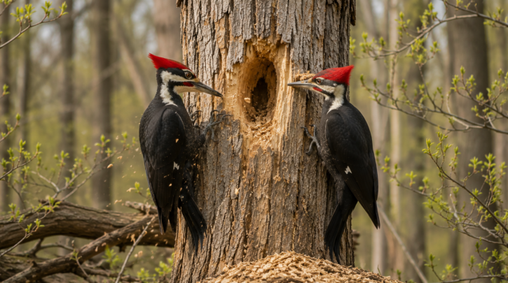 Illustration of a woodpecker pair excavating a nest cavity in spring
