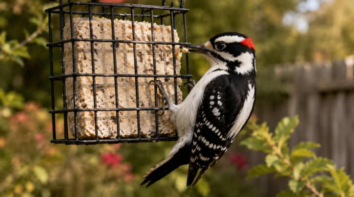 Illustration of a woodpecker feeding at a suet cage