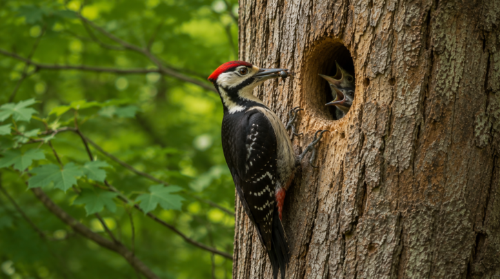 Illustration of a woodpecker feeding chicks inside a cavity in summer