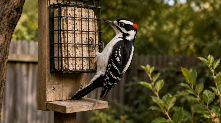 Illustration of a woodpecker using its stiff tail as a brace against a feeder's tail-prop board