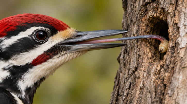Illustration of a woodpecker's long barbed tongue extracting larvae from tree bark