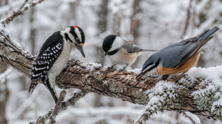 Illustration of a woodpecker foraging in a mixed-species winter flock