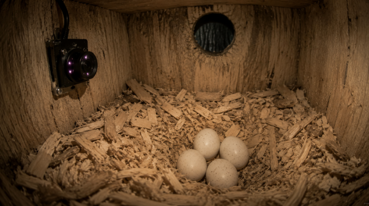 Illustration of an infrared camera monitoring inside a woodpecker nest box